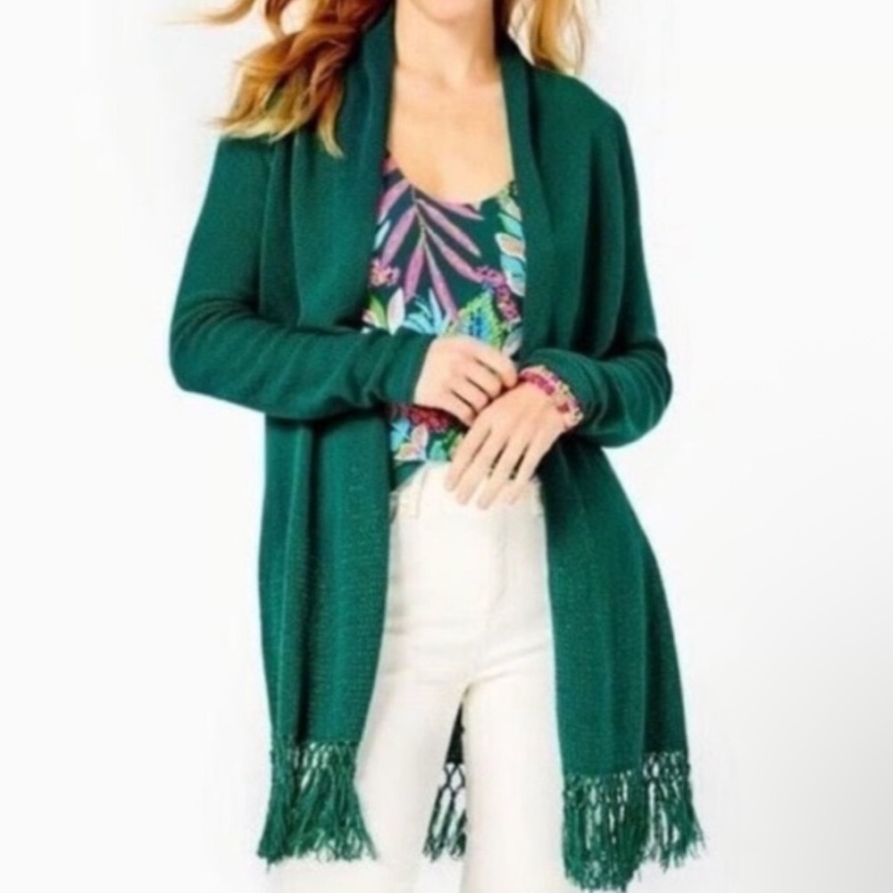 Lilly Pulitzer Womens Green Fringe Hem Open Front Cardigan Sweater Large